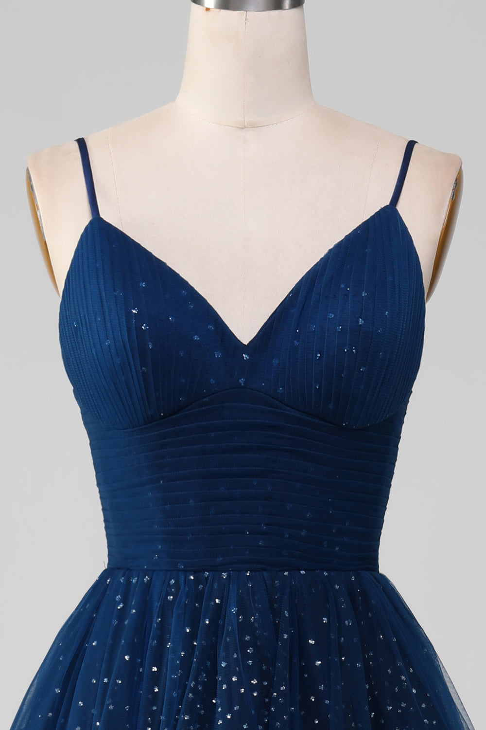 Navy Ball-Gown Spaghetti Straps V-Neck Long Beaded Tulle Prom Dresses Sparkly Evening Dresses