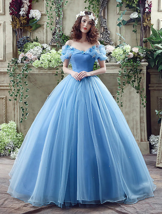 Ball Gown Evening Gown Sexy Dress Quinceanera Chapel Train Short Sleeve Off Shoulder Satin