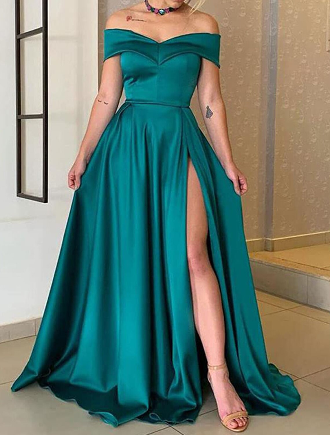 Women's Off The Shoulder Satin Prom Dresses Long with Pockets A line Slit Formal Evening Party
