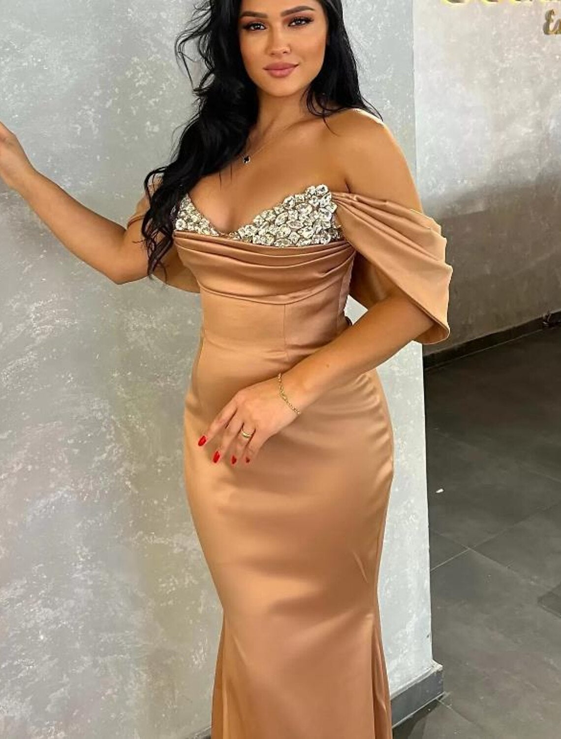 Mermaid / Trumpet Evening Gown Sexy Dress Formal Evening Sweep / Brush Train Sleeveless V Neck Charmeuse with Ruched Beading