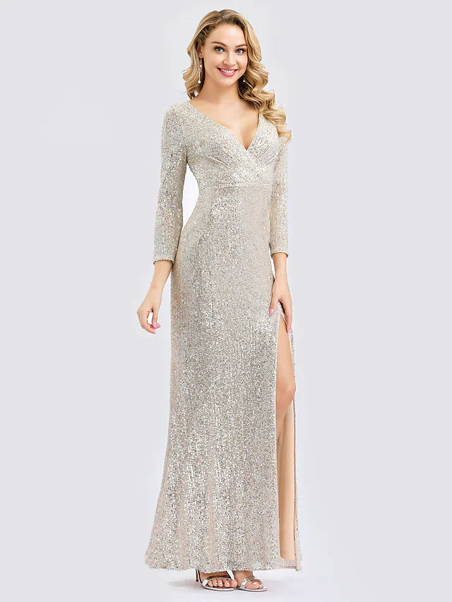 Sheath / Column Sexy Furcal Formal Evening Dress Plunging Neck Long Sleeve Floor Length Sequined