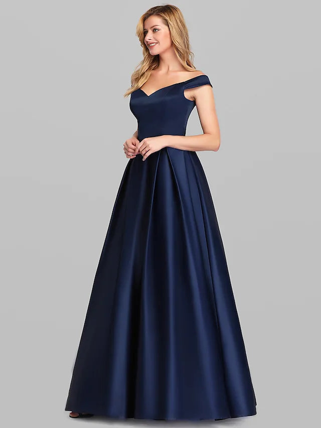 A-Line Evening Gown Elegant & Luxurious Dress Wedding Guest Floor Length Sleeveless Plunging Neck Charmeuse