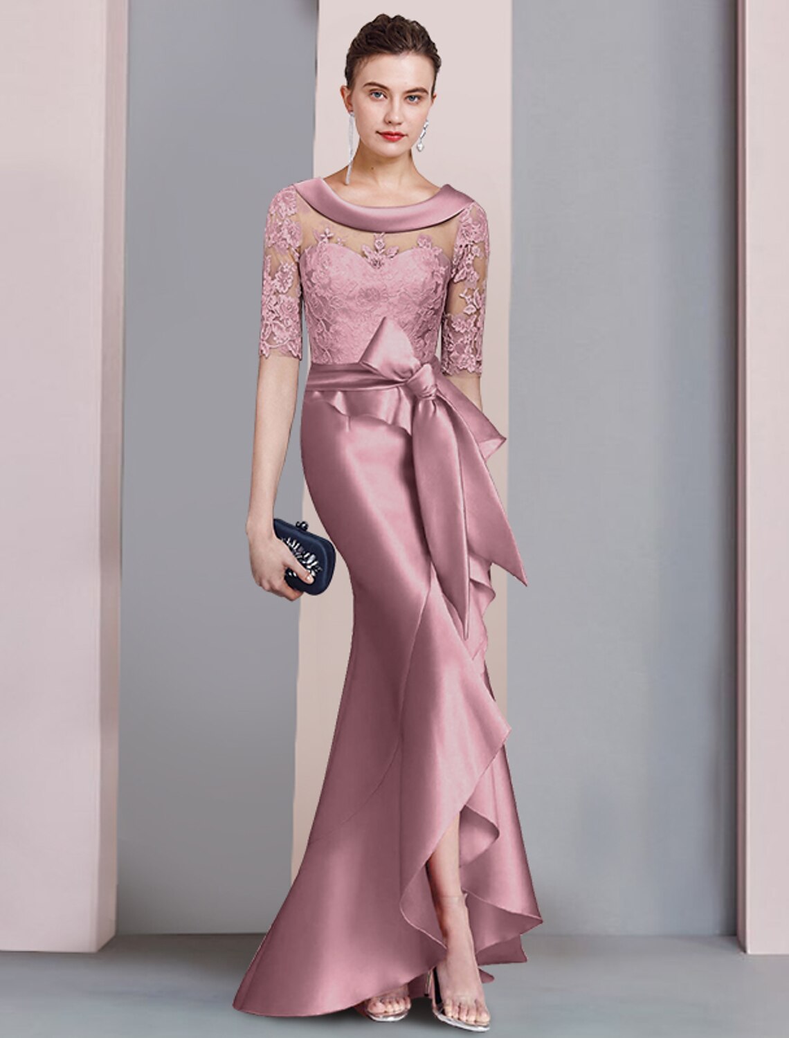 Mermaid / Trumpet Mother of the Bride Dress Formal Wedding Guest Elegant High Low Scoop Neck Sweep / Brush Train Asymmetrical Satin Lace Half Sleeve with Bow(s)