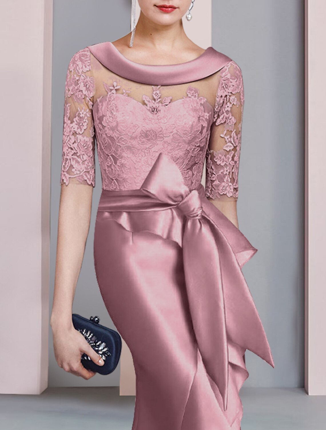 Mermaid / Trumpet Mother of the Bride Dress Formal Wedding Guest Elegant High Low Scoop Neck Sweep / Brush Train Asymmetrical Satin Lace Half Sleeve with Bow(s)