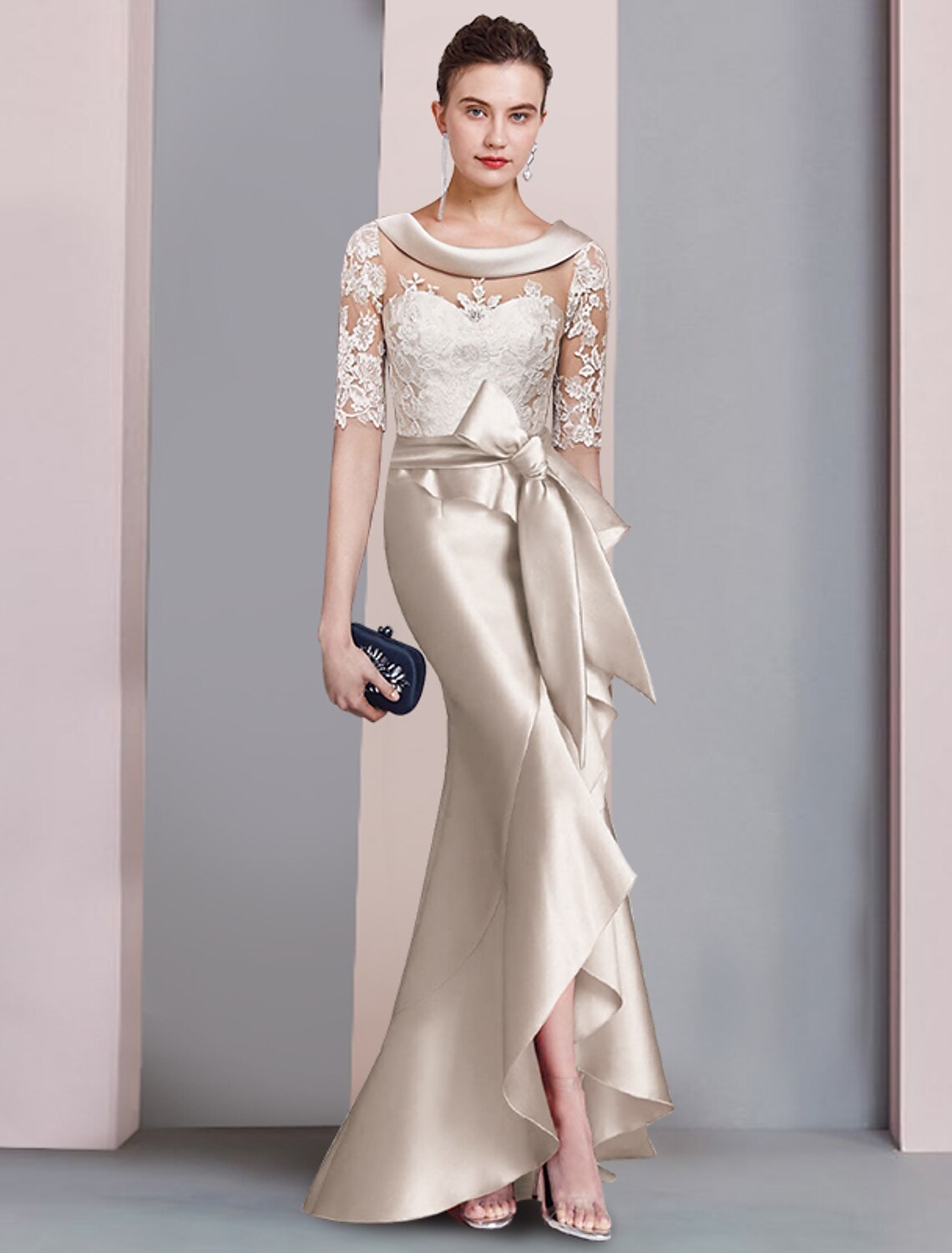 Mermaid / Trumpet Mother of the Bride Dress Formal Wedding Guest Elegant High Low Scoop Neck Sweep / Brush Train Asymmetrical Satin Lace Half Sleeve with Bow(s)