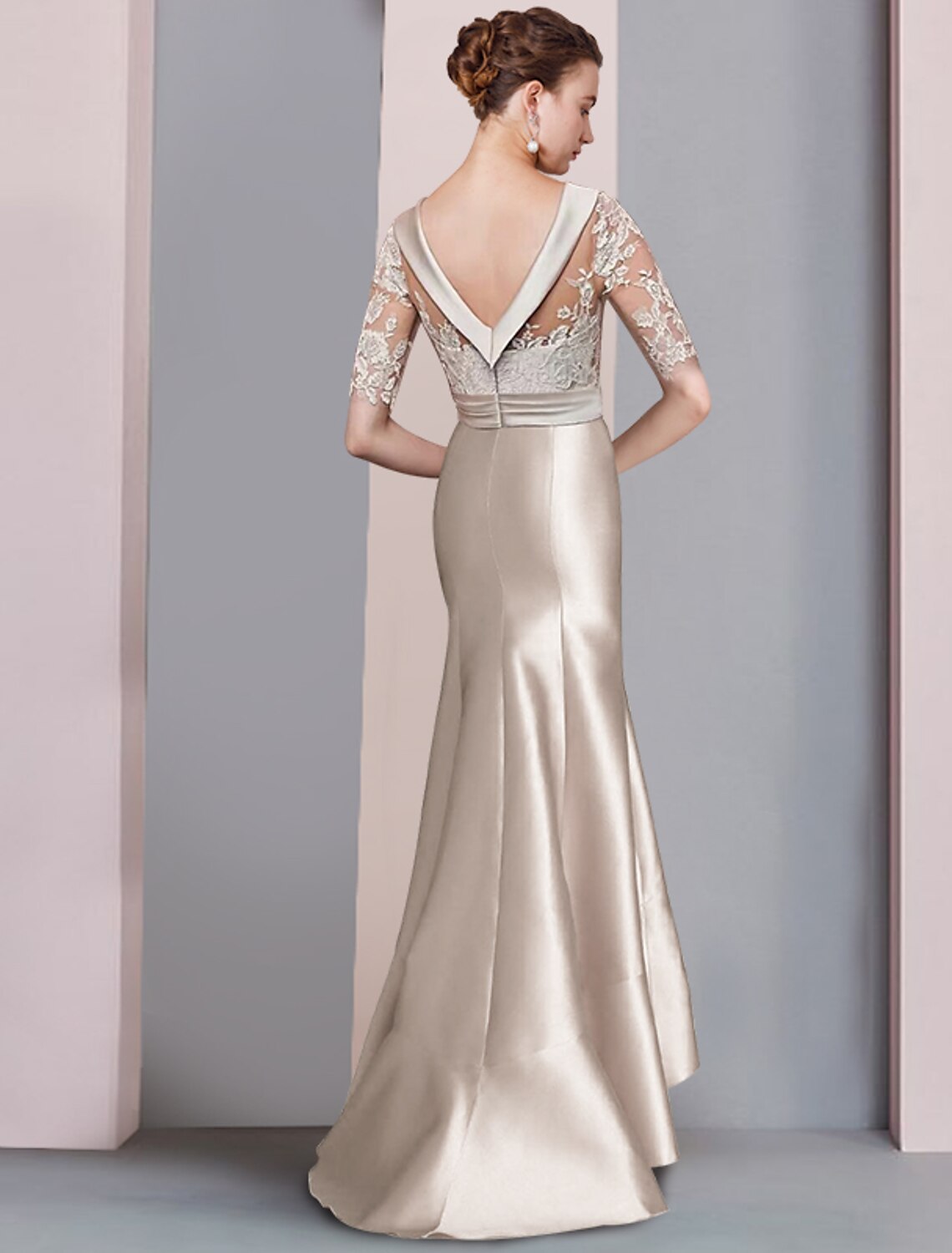 Mermaid / Trumpet Mother of the Bride Dress Formal Wedding Guest Elegant High Low Scoop Neck Sweep / Brush Train Asymmetrical Satin Lace Half Sleeve with Bow(s)