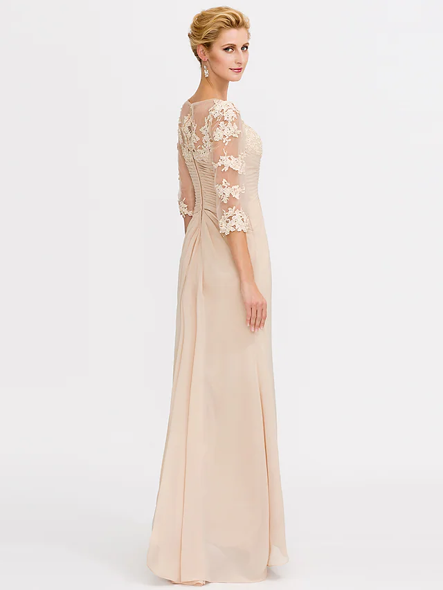Mother of the Bride Dress Elegant See Through V Neck Floor Length Chiffon Sheer Lace Half Sleeve