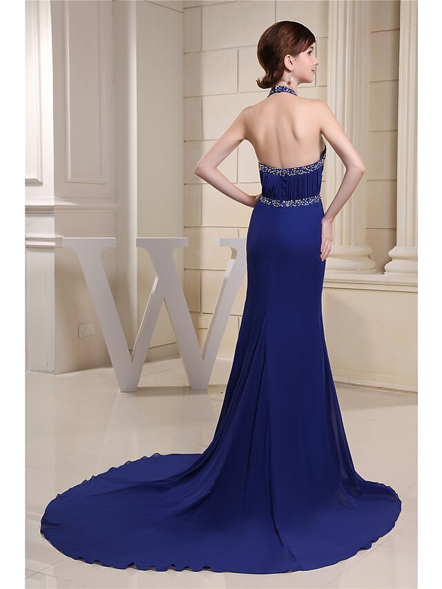 Mermaid / Trumpet Evening Gown Sparkle Dress Engagement Chapel Train Sleeveless Halter Chiffon