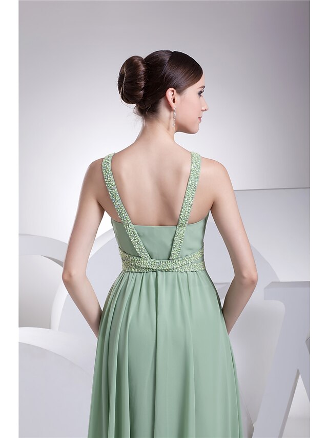 A-Line Evening Gown Sparkle Dress Formal Evening Floor Length Sleeveless Spaghetti Strap Chiffon