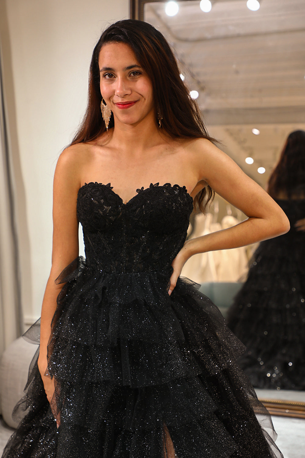 Sparkly Black A Line Long Corset Tiered Tulle Prom Dress With Slit Off Shoulder