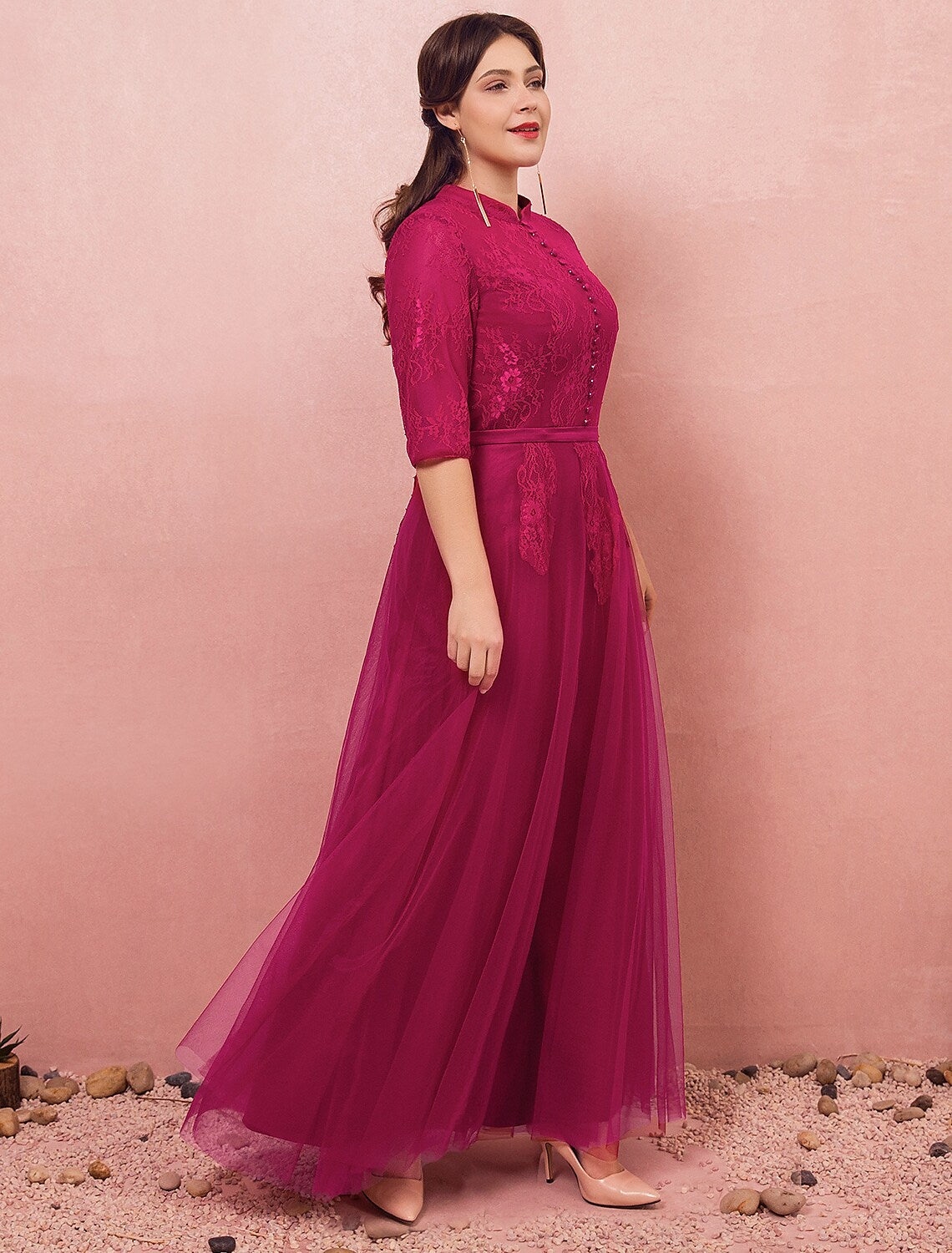 A-Line Chinese Style Plus Size Engagement Formal Evening Dress High Neck Half Sleeve Floor Length Lace