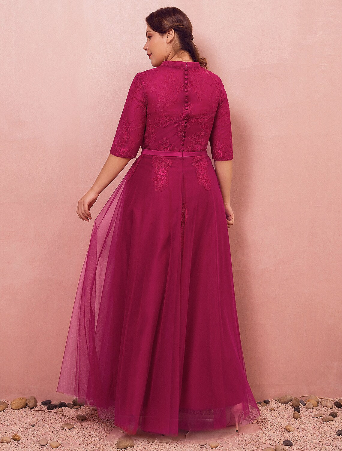 A-Line Chinese Style Plus Size Engagement Formal Evening Dress High Neck Half Sleeve Floor Length Lace