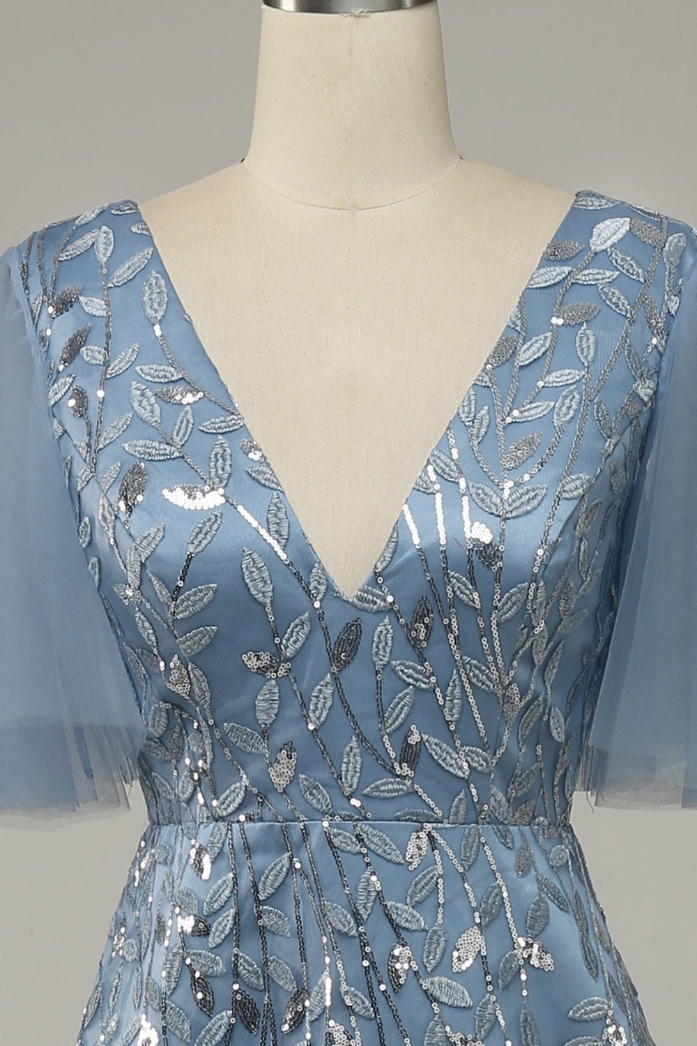 Blue A Line V Neck Tulle Embroidered Leaves Prom Dress Sexy Evening Dresses