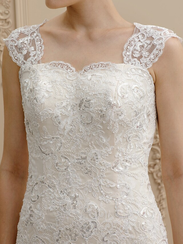 Wedding Dresses Square Neck Court Train Lace Over Tulle Regular Straps Wedding Dress in Color Floral Lace See-Through with Buttons Sequin