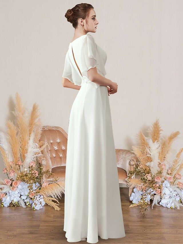 A-Line Wedding Dresses V Neck Floor Length Chiffon Lace Short Sleeve Simple with Pleats
