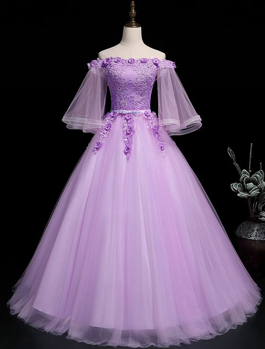 Ball Gown Luxurious Floral Quinceanera Prom Birthday Dress Off Shoulder 3/4 Length Sleeve Floor Length Tulle with Sash / Ribbon