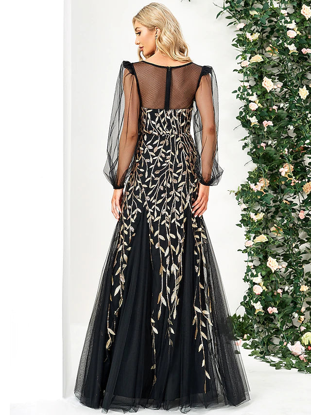 Mermaid / Trumpet Evening Gown Elegant Dress Formal Floor Length Long Sleeve Jewel Neck Tulle