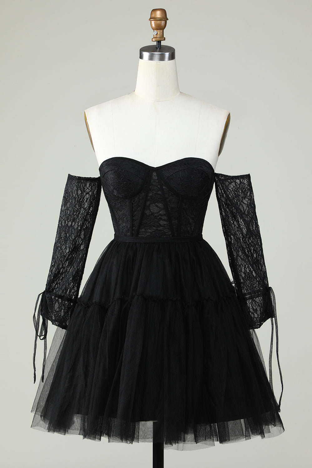 Off The Shoulder A Line Black Corset Homecoming Dress With Lace Long Sleeves Sexy