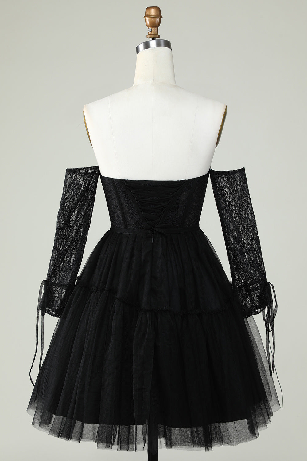 Off The Shoulder A Line Black Corset Homecoming Dress With Lace Long Sleeves Sexy