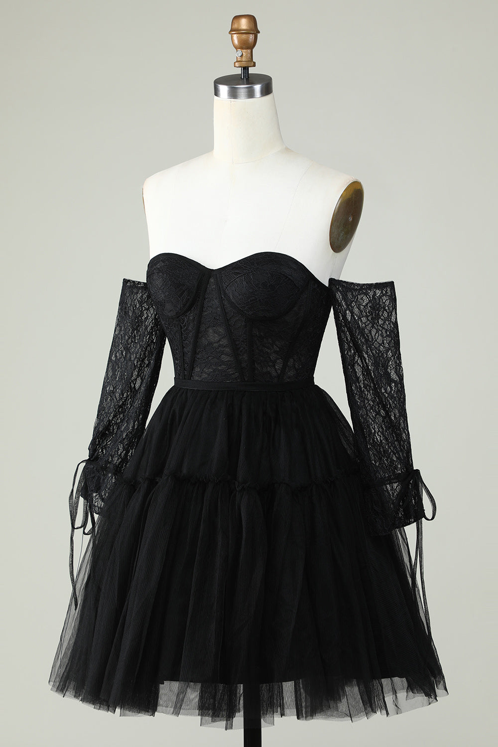Off The Shoulder A Line Black Corset Homecoming Dress With Lace Long Sleeves Sexy