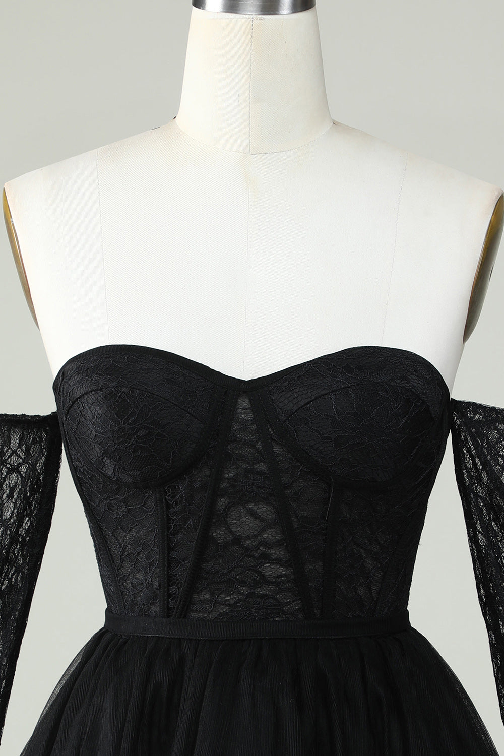 Off The Shoulder A Line Black Corset Homecoming Dress With Lace Long Sleeves Sexy