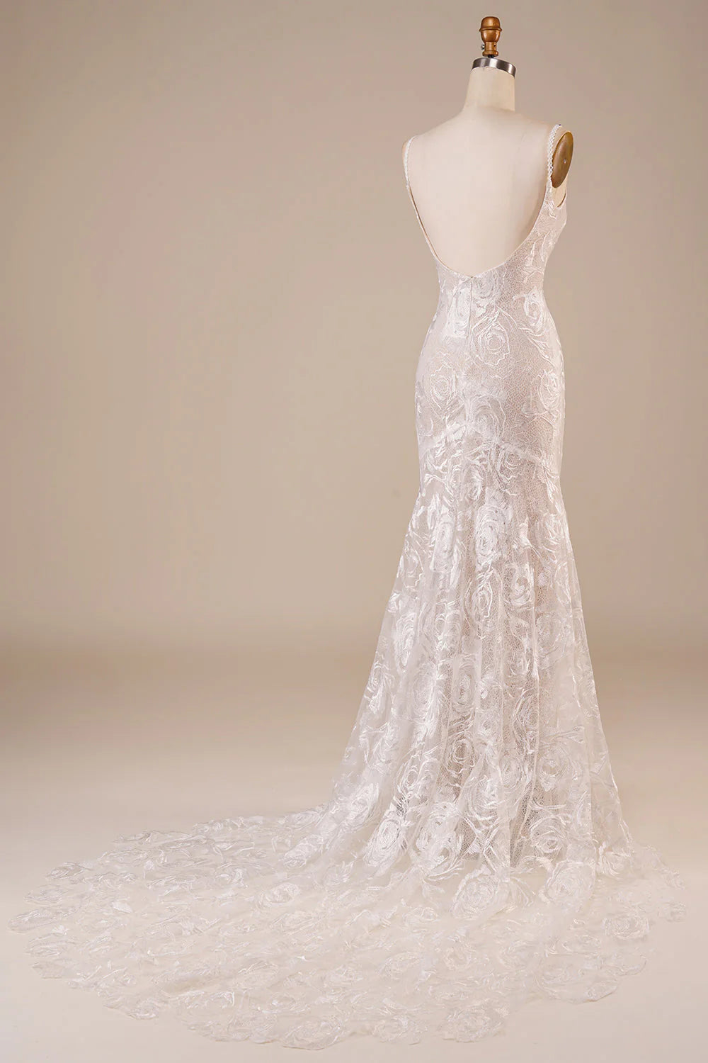 Backless Lace Wedding Dress with Sweep Train V-neck