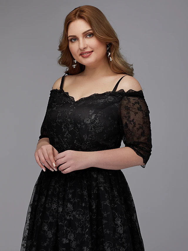 A-Line Plus Size Cocktail Party Prom Dress Spaghetti Strap Half Sleeve Asymmetrical Lace with Pleats Lace