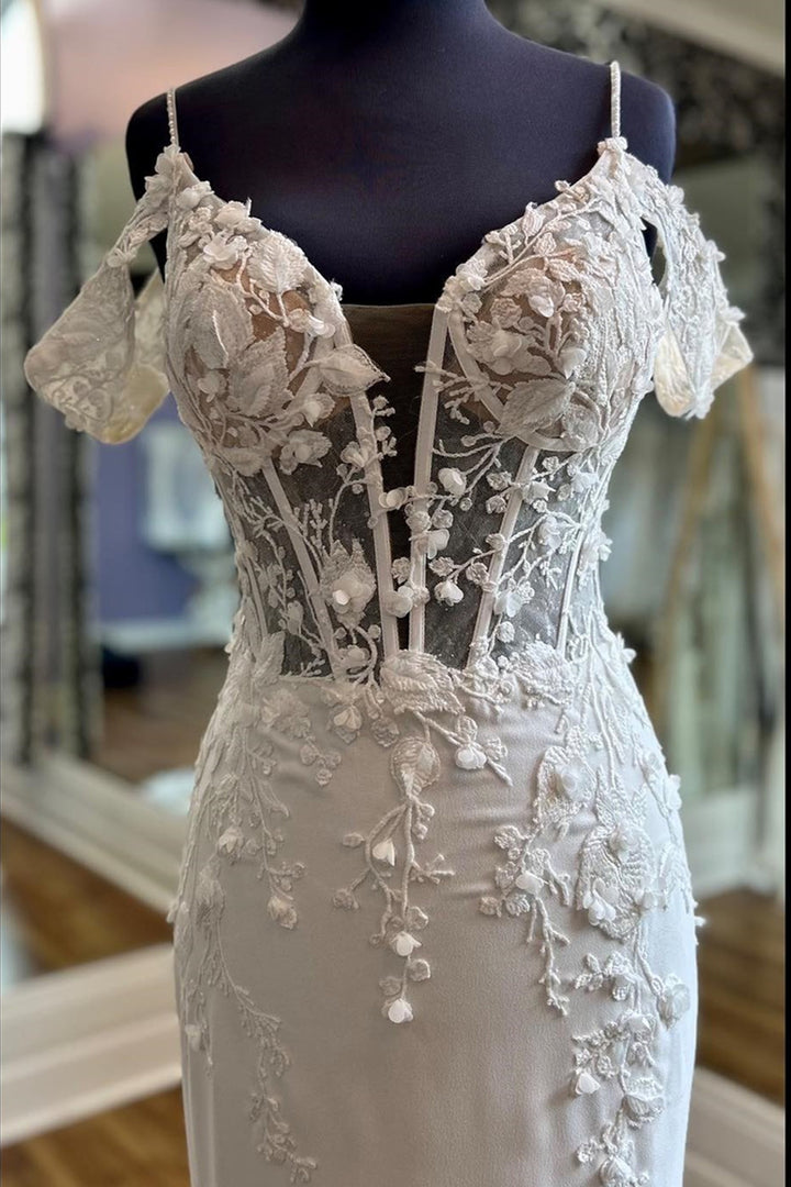 Ivory Off-the-Shoulder Appliques Straps Sweeping Long Wedding Dress Sexy