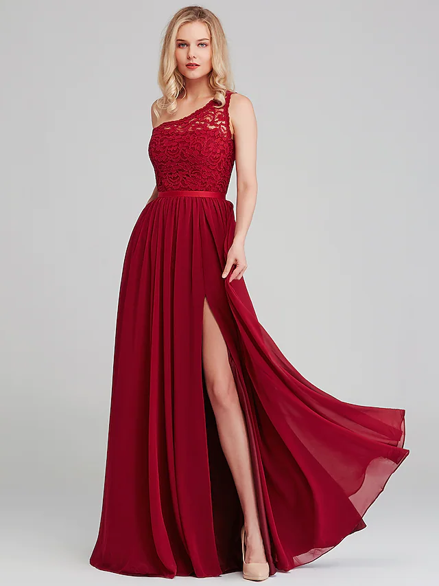 A-Line One Shoulder Long Length Chiffon Lace Bridesmaid Dress with Sash Ribbon Sexy