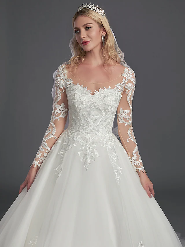 Ball Gown Wedding Dresses Illusion Neck Chapel Train Lace Tulle Long Sleeve Glamorous See-Through Illusion Detail with Buttons
