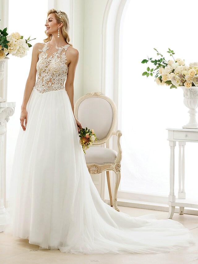Ball Gown Wedding Dresses Jewel Neck Chapel Train Lace Tulle Lace Over Tulle Regular Straps See-Through Beautiful Back with Buttons