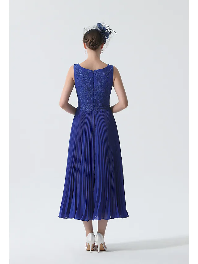 Two Piece Mother of the Bride Dress Elegant & Luxurious Wrap Included Scoop Neck Tea Length Chiffon 3/4 Length Sleeve with Lace