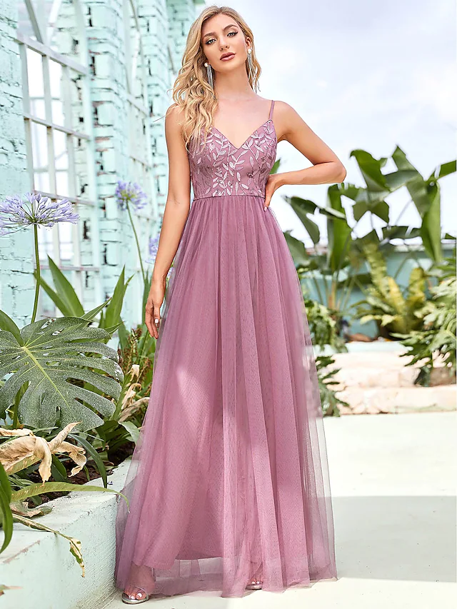 A-Line Spaghetti Strap Floor Length Tulle Sequined Bridesmaid Dress with Tier Sexy