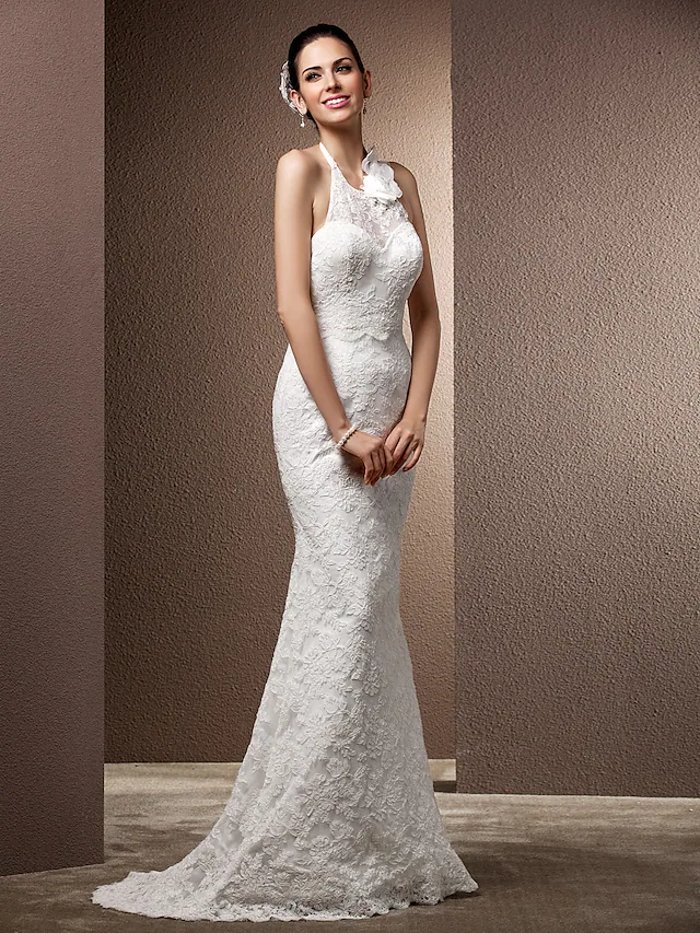 Wedding Dresses Halter Neck Lace Regular Straps Open Back with Beading Flower