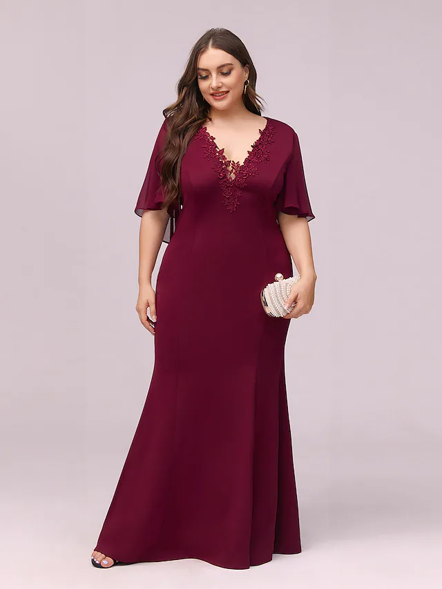 V Neck Floor Length Chiffon Bridesmaid Dress with Appliques Plus Size Pure Color