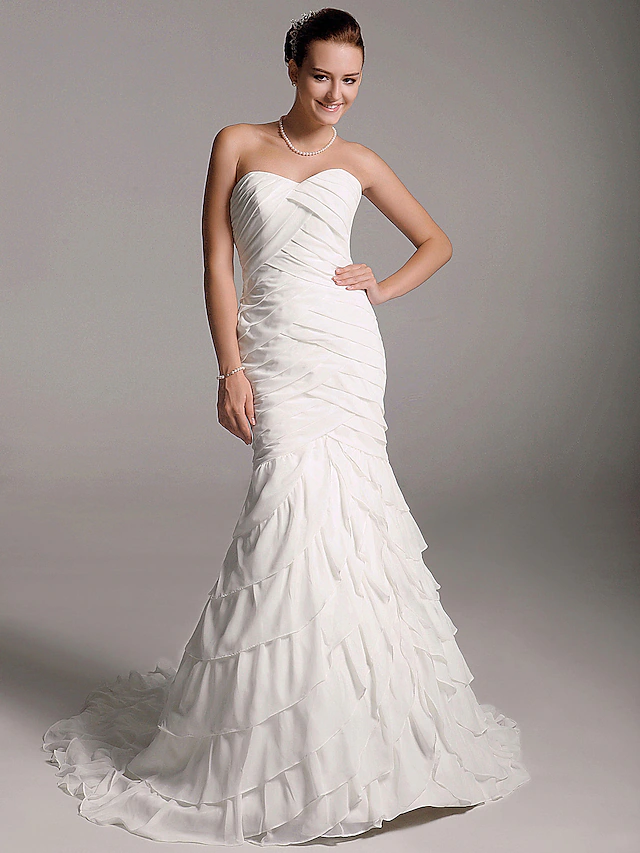 A-Line Wedding Dresses Sweetheart Neckline Strapless Court Train Chiffon Sleeveless Off Shoulder