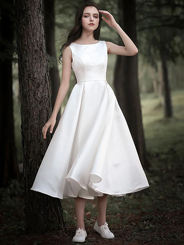 A-Line Wedding Dresses Jewel Neck Tea Length Chiffon Over Satin Cap Sleeve Simple Casual Little White Dress Pure Color
