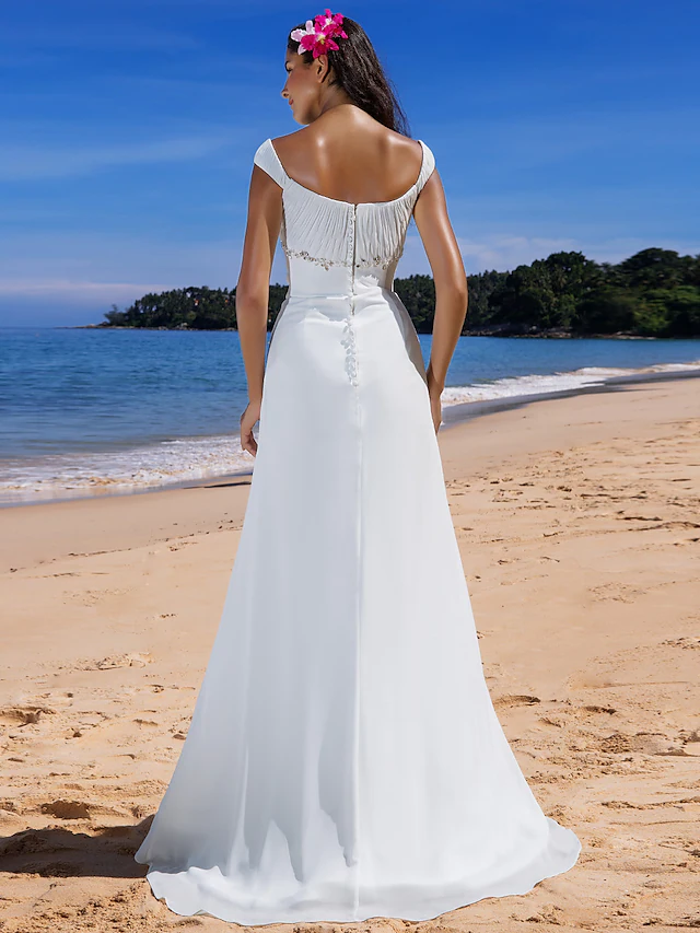 Wedding Dresses Scoop Neck Chiffon Cap Sleeve Beach Plus Size with Beading Draping