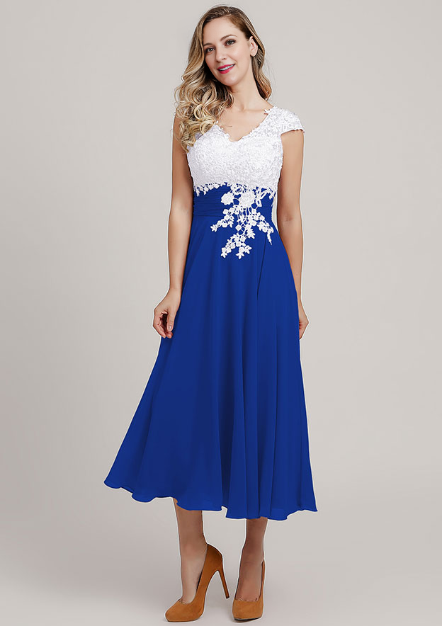Chiffon Mother of the Bride Dress A-linePrincess V Neck Short Sleeve Tea-Length With Lace Short