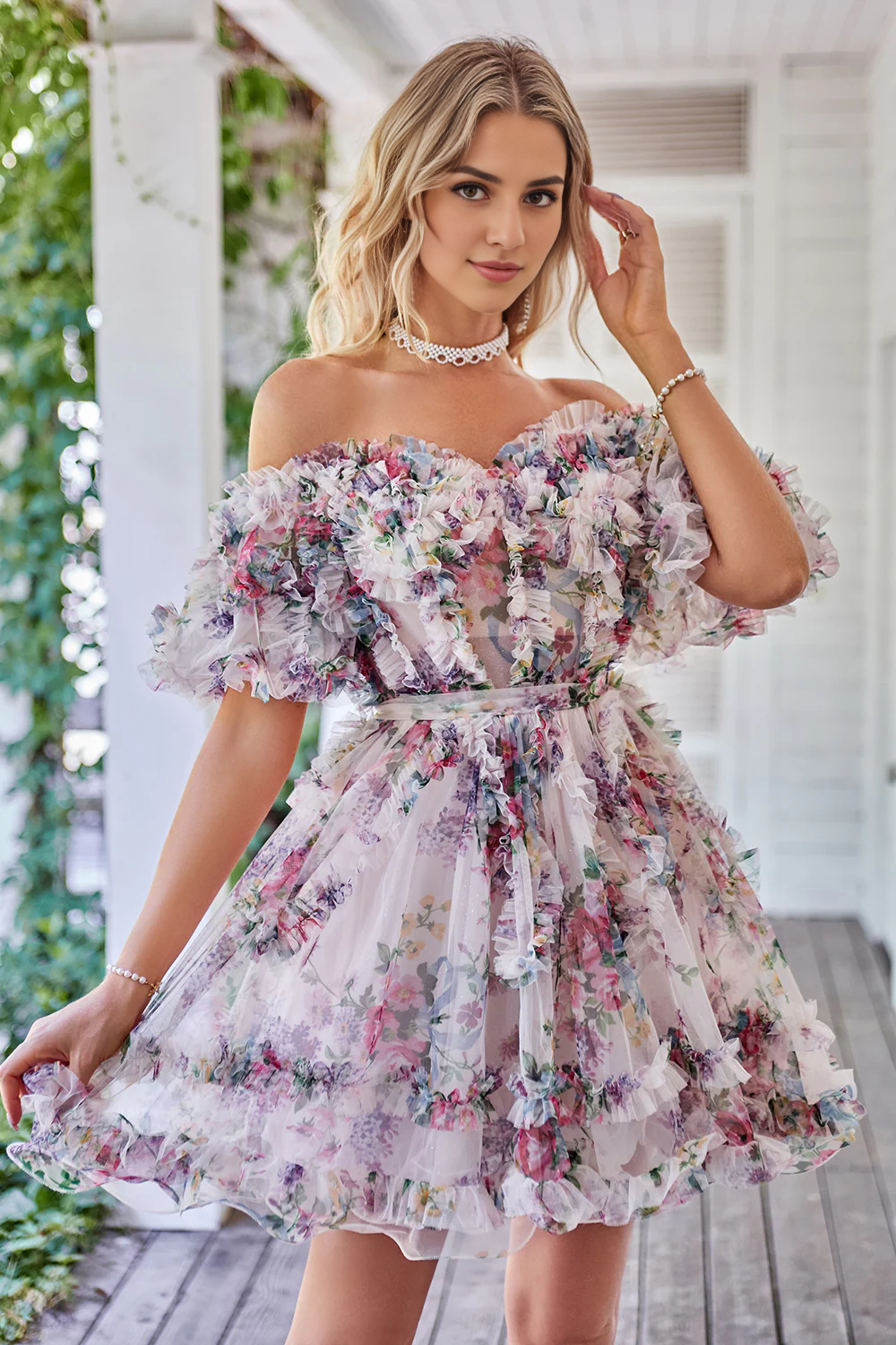 Off the Shoulder A Line Printed Cute Homecoming Dress Beautiful Short Sexy