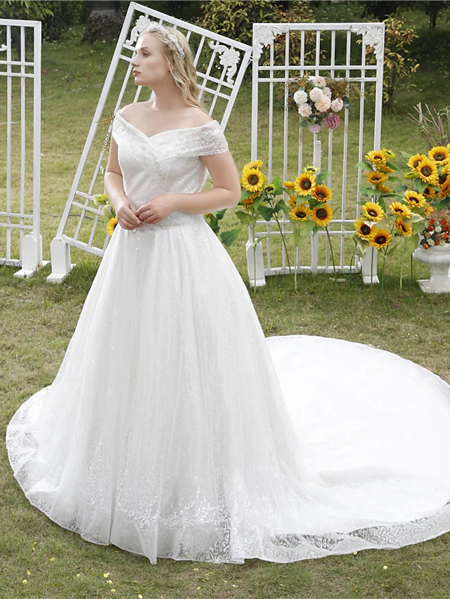 Princess Ball Gown Wedding Dresses Off Shoulder Cathedral Train Lace Tulle Sleeveless Formal Romantic Luxurious Sparkle & Shine Plus Size with Beading