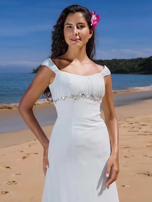 Wedding Dresses Scoop Neck Chiffon Cap Sleeve Beach Plus Size with Beading Draping