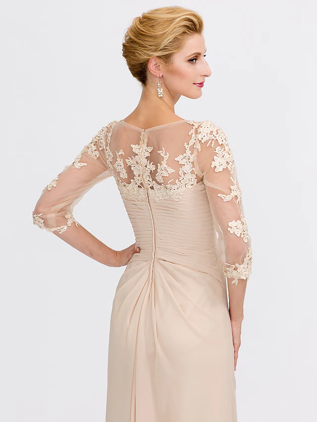 Mother of the Bride Dress Elegant See Through V Neck Floor Length Chiffon Sheer Lace Half Sleeve
