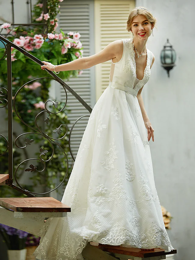 A-Line Wedding Dresses Plunging Neck Lace Over Tulle Sleeveless See-Through Beautiful Back Illusion Detail with Sash Ribbon