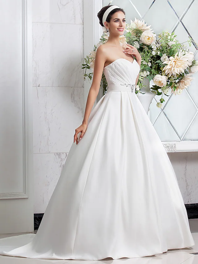Princess A-Line Wedding Dresses Sweetheart Neckline Satin Sleeveless with Sash Ribbon Ruched