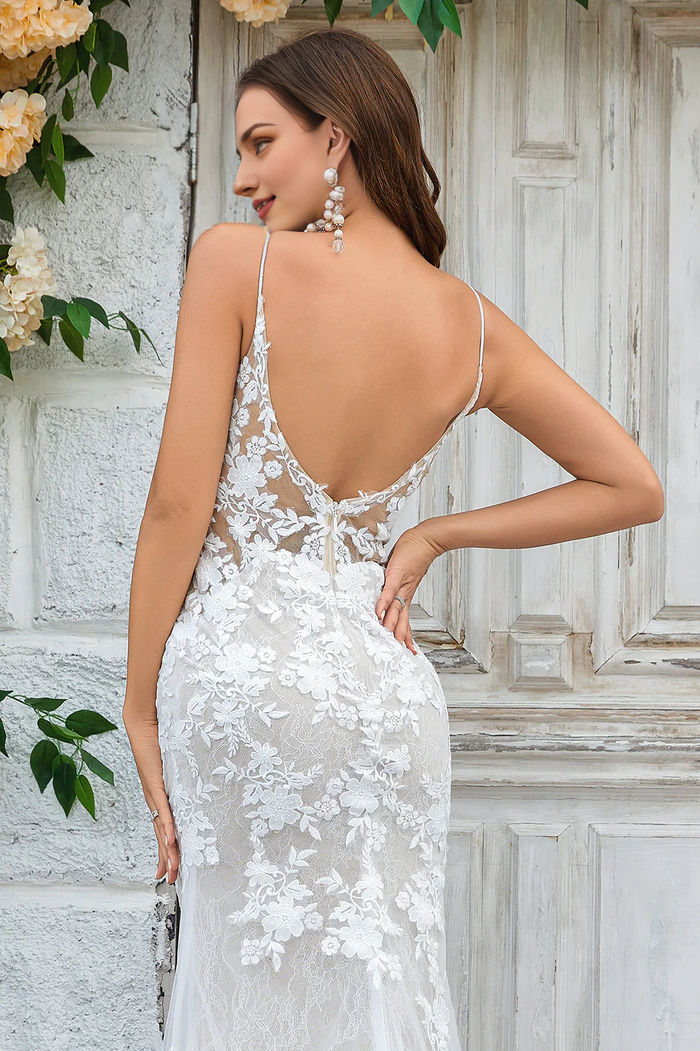 Ivory Mermaid Lace Long Wedding Dress V-neck Sexy