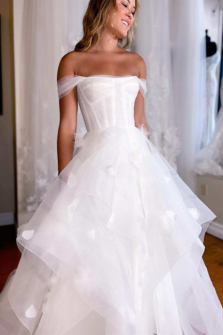 White Off-the-Shoulder Tiered A-Line Wedding Dress with Flowers Beautiful