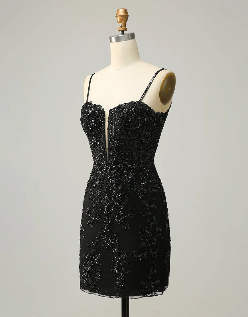 Spaghetti Straps Corset Back Sequin Homecoming Dress Short