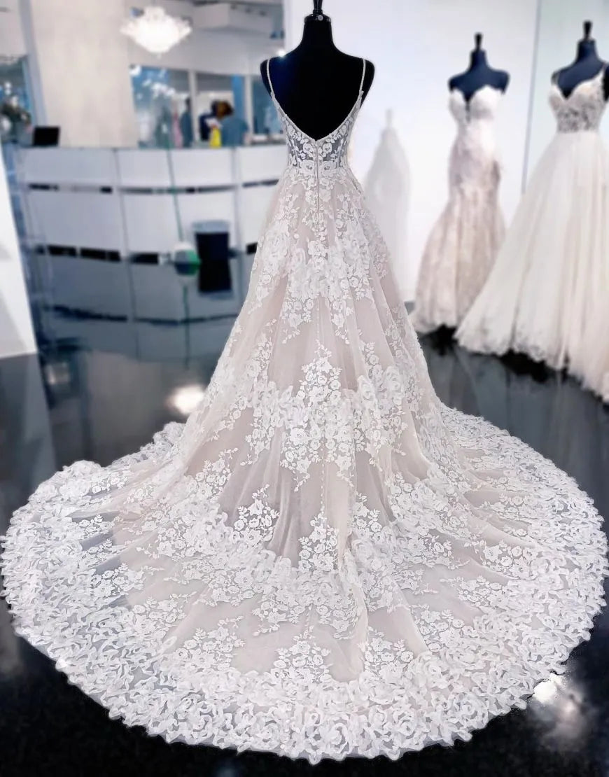 A-Line Spaghetti Straps Train Wedding Dress With Appliques V-neck Sexy