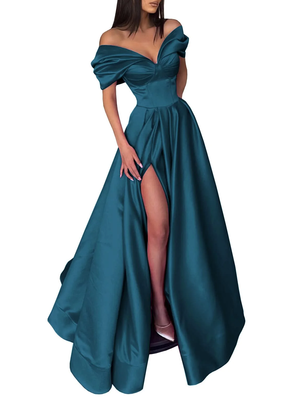 A-Line/Princess Off-The-Shoulder Long Prom Dresses With Split Side Pure Color